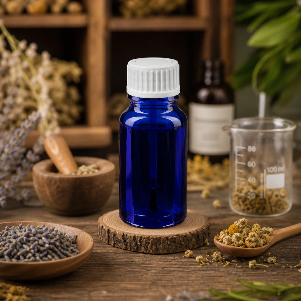 Frasco com pincel de vidro azul de 10 ml de alta qualidade para remédios naturais e aromaterapia
