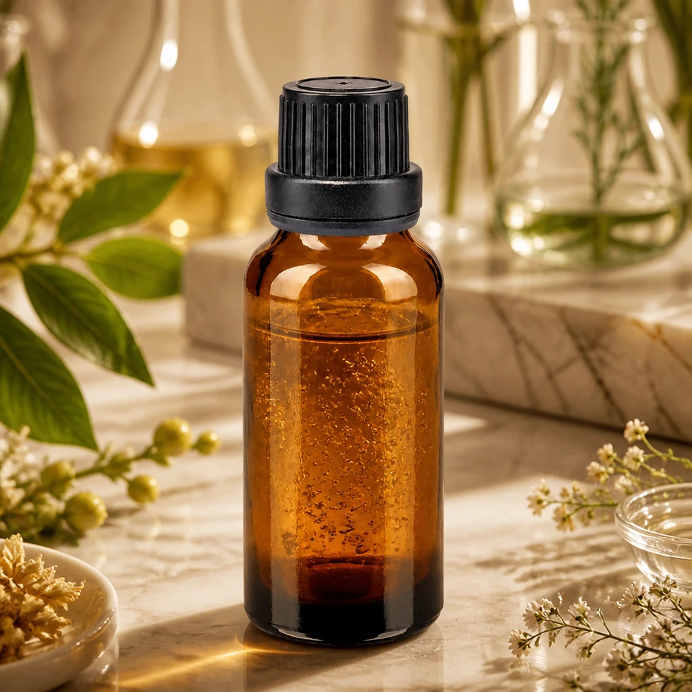 Frasco de farmácia castanho 20ml tampa de rosca preta com fecho inviolável Frasco de farmácia de 20 ml, de cor âmbar, com tampa de rosca preta, sobre mármore, entre ervas medicinais