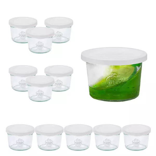 Conjunto de 12 copos de vidro de 80 ml da Weck com 12 tampas de vidro Conjunto de 12 copos de vidro de 80 ml da Weck com 12 tampas de vidro