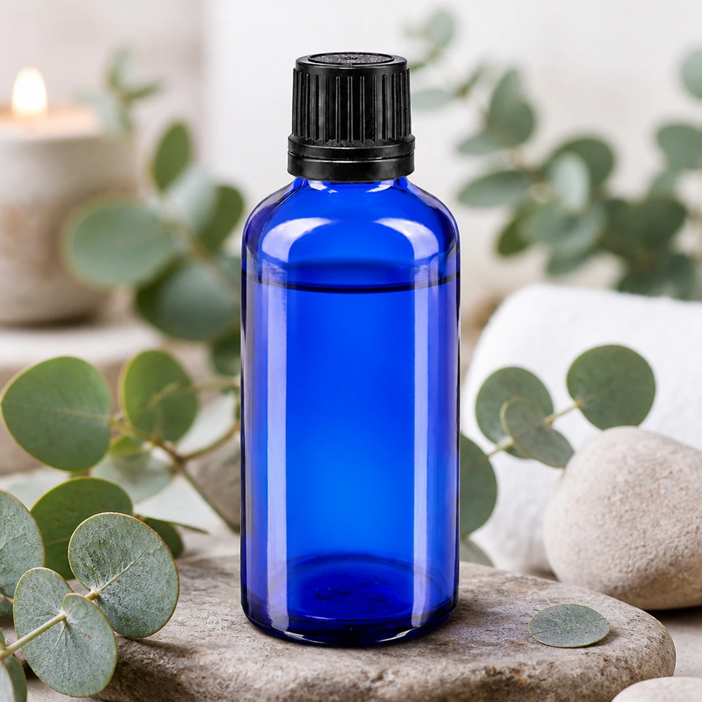Frasco de vidro azul cobalto de 50 ml com tampa de rosca preta, sobre pedras naturais com ramos de eucalipto