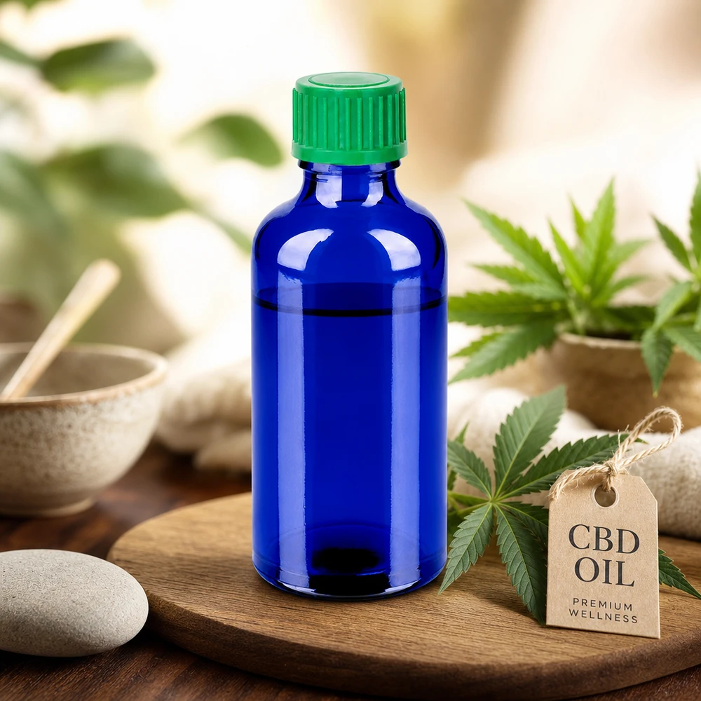 Frasco conta-gotas compacto de 50 ml em azul elegante para utilização móvel de óleo e extractos de CBD
