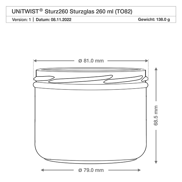 Copos de vidro de 260ml sem tampa (TO82) UNiTWIST Copos UNITWIST 260 ml TO82 com desenho técnico e dimensões 81 mm de diâmetro 68,5 mm de altura