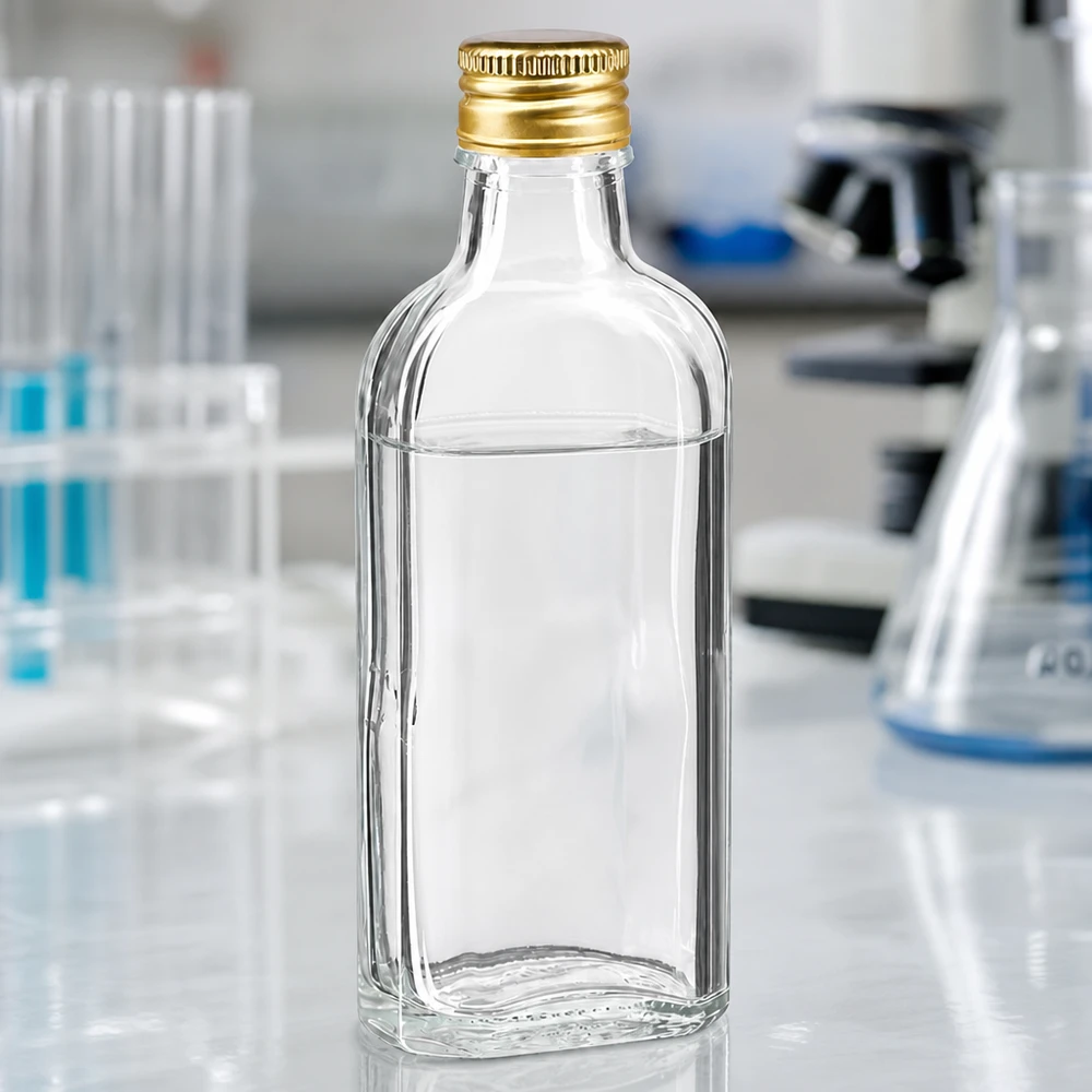 100 ml Meplat transparente com tampa de alumínio dourada PP22 Frasco Meplat transparente de 100 ml com tampa de rosca em alumínio dourado PP22 em ambiente laboratorial