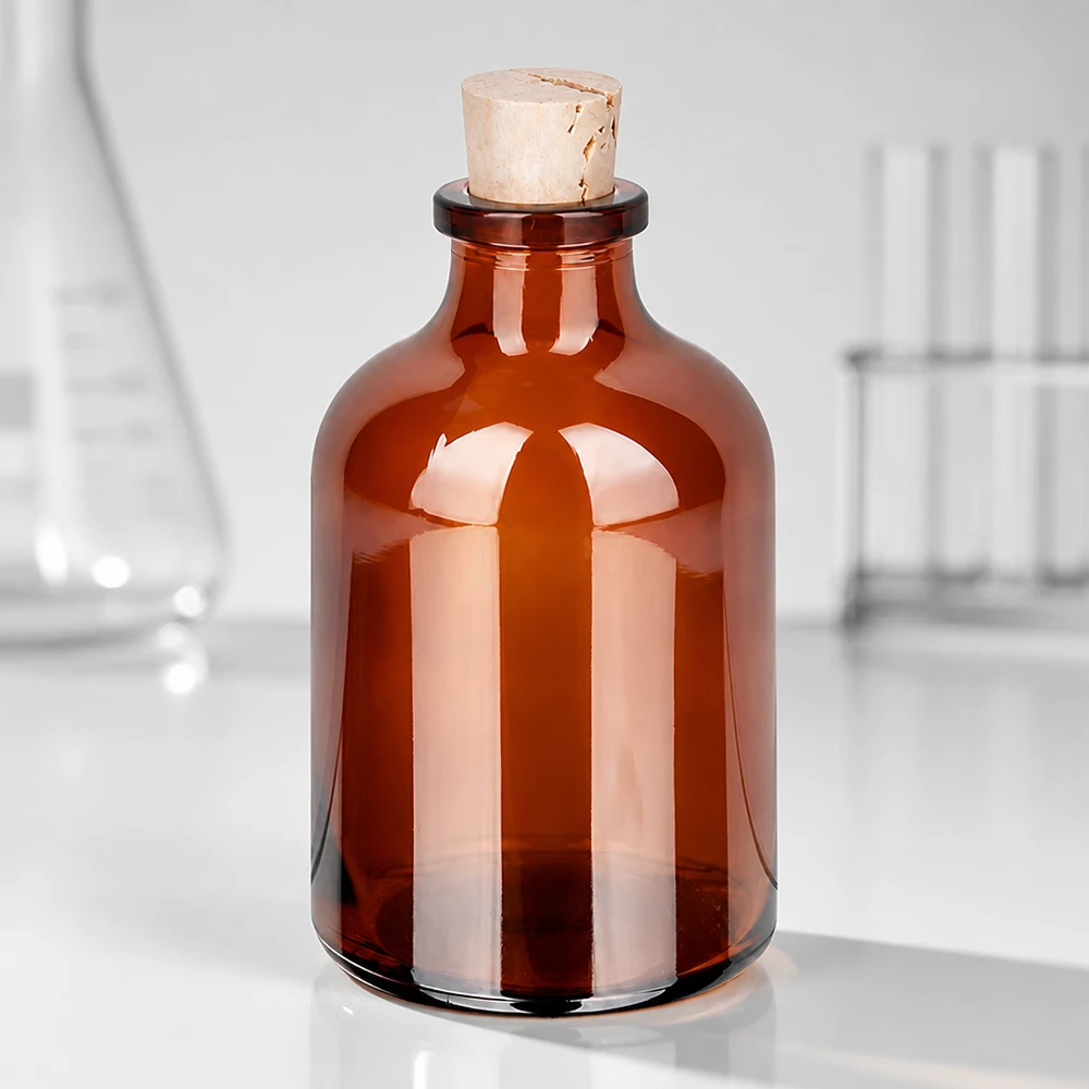 Frasco de vidro âmbar 50ml com rolha 11/14mm Bernsteinfarbene Laborflasche 50ml mit Kork für Proben und Reagenzien