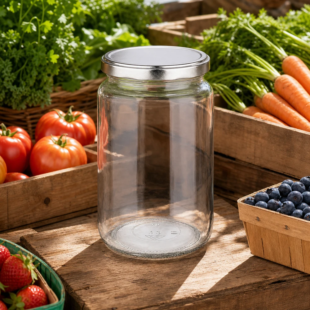 Frasco redondo de 795 ml com tampa BasicSeal numa cozinha rústica ao ar livre rodeada de frutas e legumes frescos