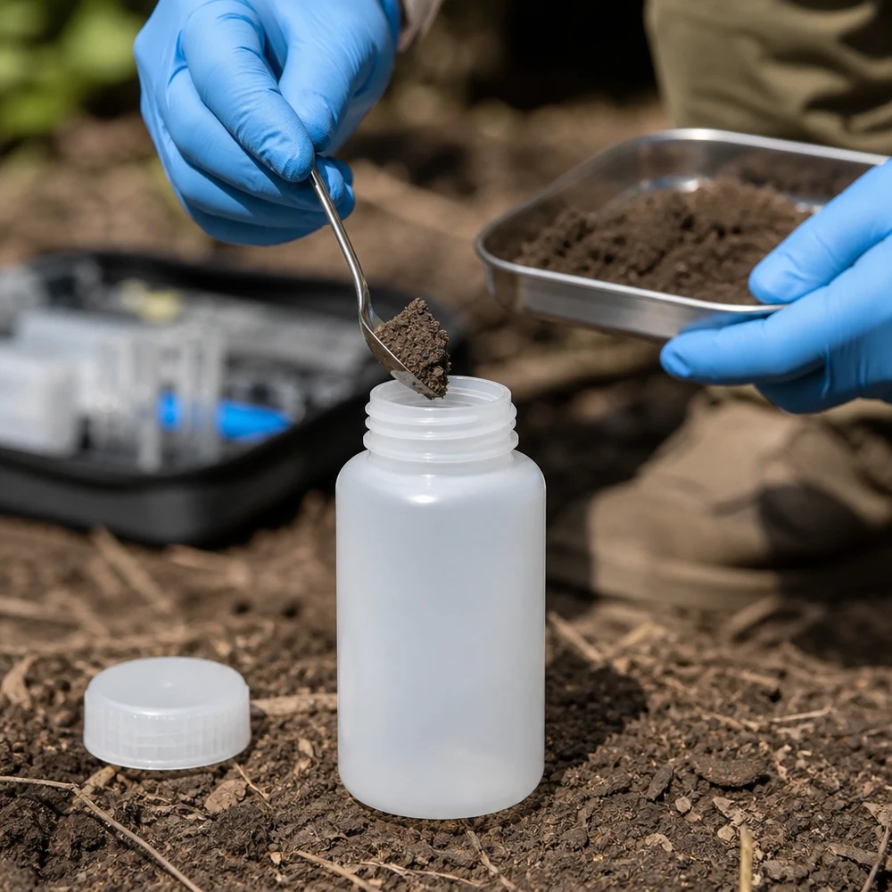 Recolha de amostras de solo com um frasco de laboratório de plástico de gargalo largo com capacidade para 1000 ml, sem tampa, em campo aberto
