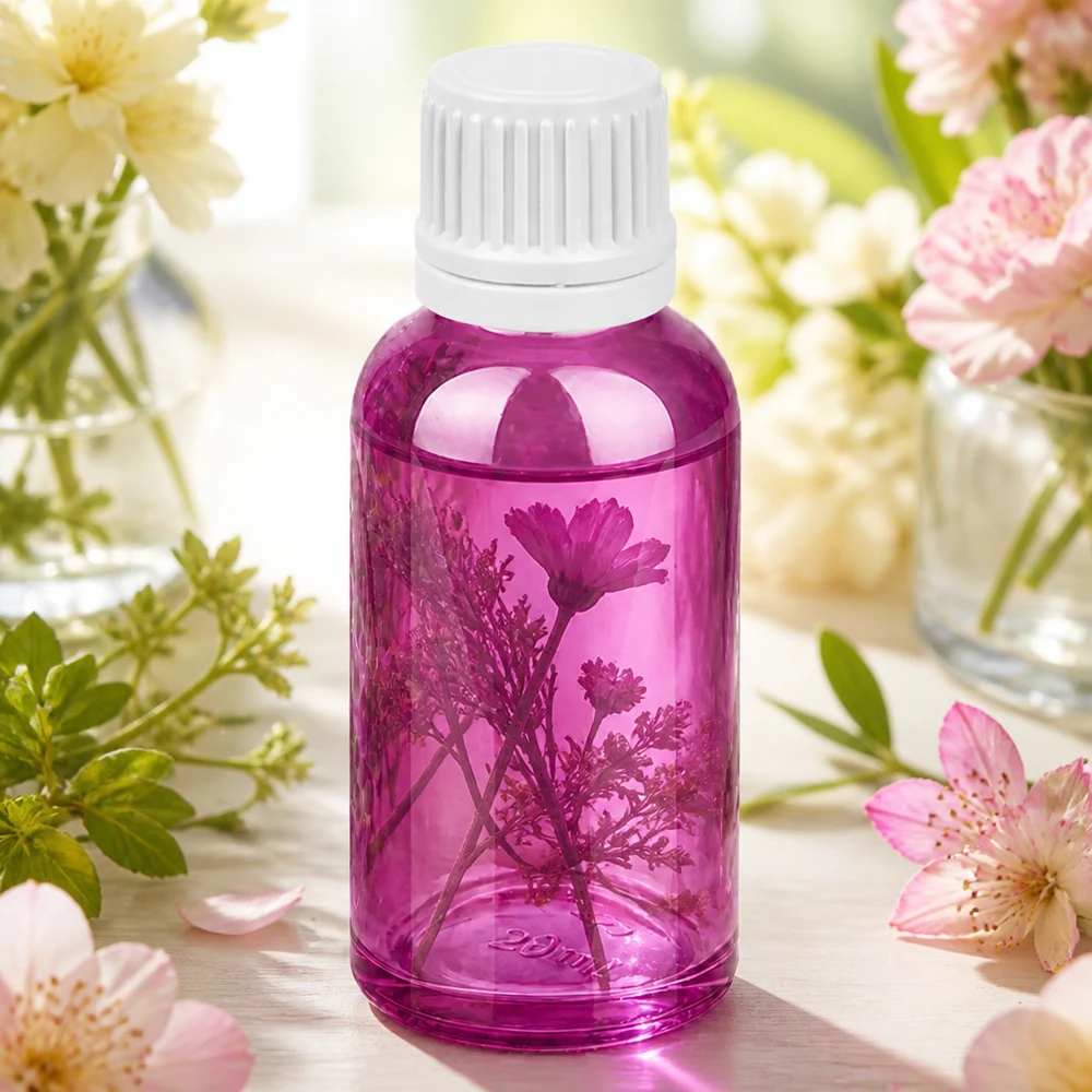 Frasco de 30 ml com abertura de 11 mm em violeta, perfeito para uma dosagem precisa de óleos de cuidado