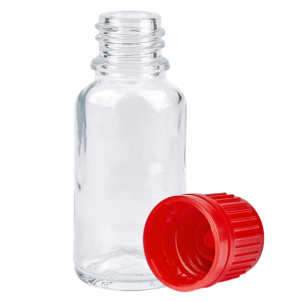 Frasco de 20 ml com tampa de rosca de 11 mm vermelho tampa inviolável ClearLine UT18/20 Frasco de 20 ml com tampa de rosca de 11 mm vermelho tampa inviolável ClearLine UT18/20