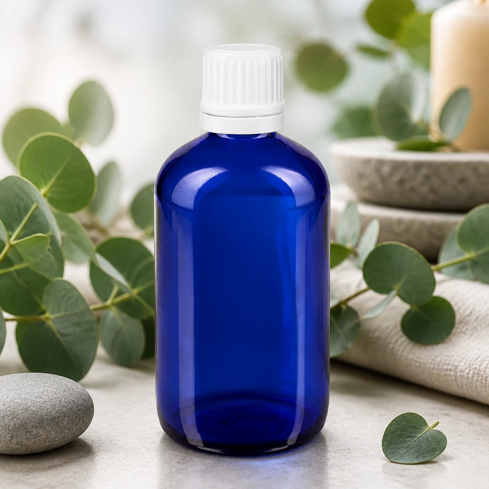 Frasco de farmácia azul 100ml com tampa conta-gotas 1.2mm branca com fecho inviolável Frasco de farmácia de 100 ml, azul, com tampa conta-gotas branca, entre ramos de eucalipto e pedras de spa