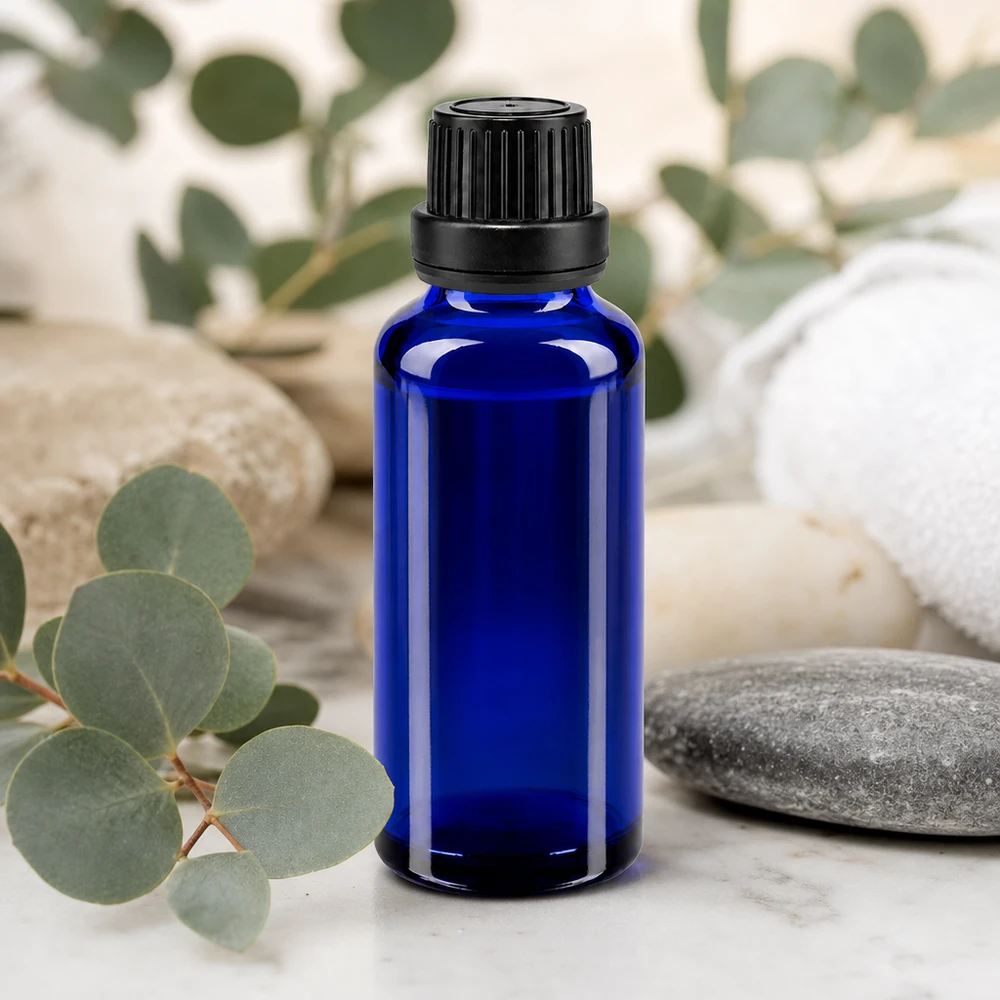Frasco de farmácia azul 30ml tampa conta-gotas anel de vazamento 2mm preto fecho inviolável Frasco conta-gotas de 30 ml em vidro de farmácia, de cor azul cobalto, com tampa de segurança para crianças e de garantia de autenticidade, na cor preta