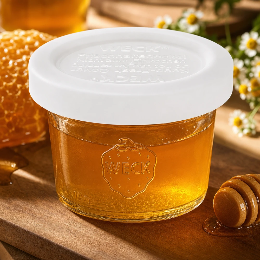Copos WECK 35ml RR40 com mel num ambiente natural com favo de mel e camomila, apresentação autêntica do produto