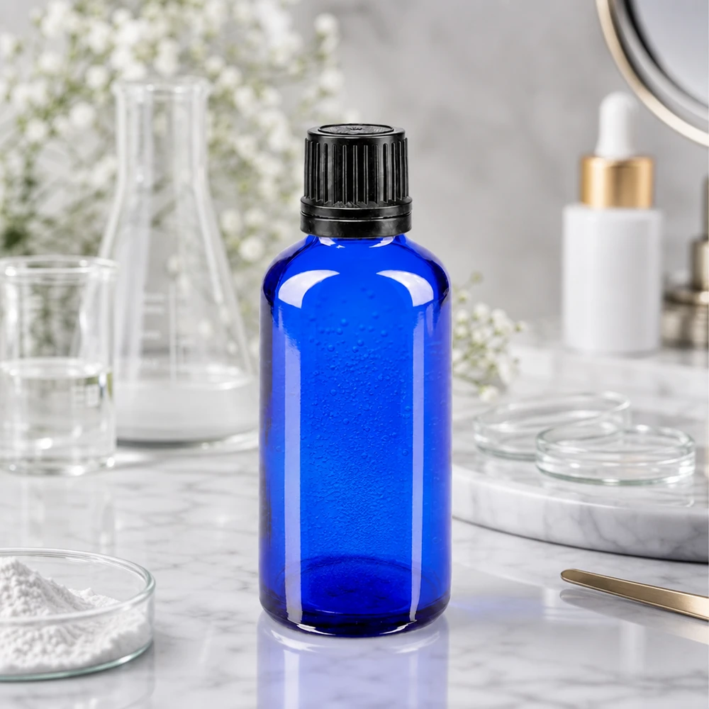 Frasco de vidro de farmácia azul de 50 ml com tampa original preta, num ambiente de laboratório científico