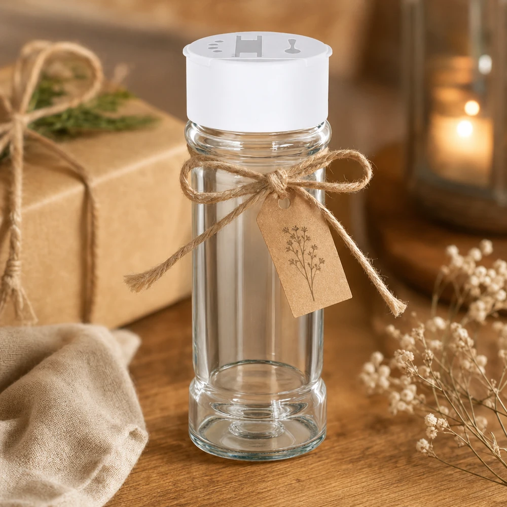 Frasco para sal/especiarias de 100 ml com espalhador duplo, branco Frasco de sal e pimenta de 100 ml com espalhador duplo branco, decorado com um laço de juta, ideal como presente rústico