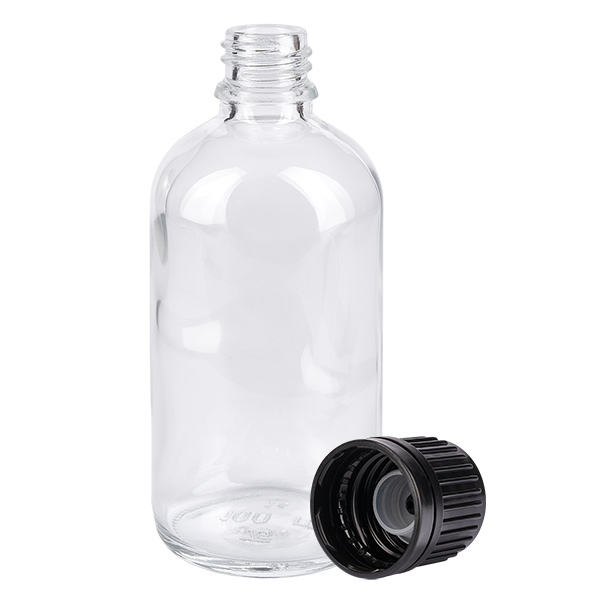 Frasco de 100ml (globule) 3mm anel de vazamento preto fecho padrão ClearLine UT18/1 Frasco transparente de 100 ml para glóbulos, em vidro transparente com tampa de plástico preta