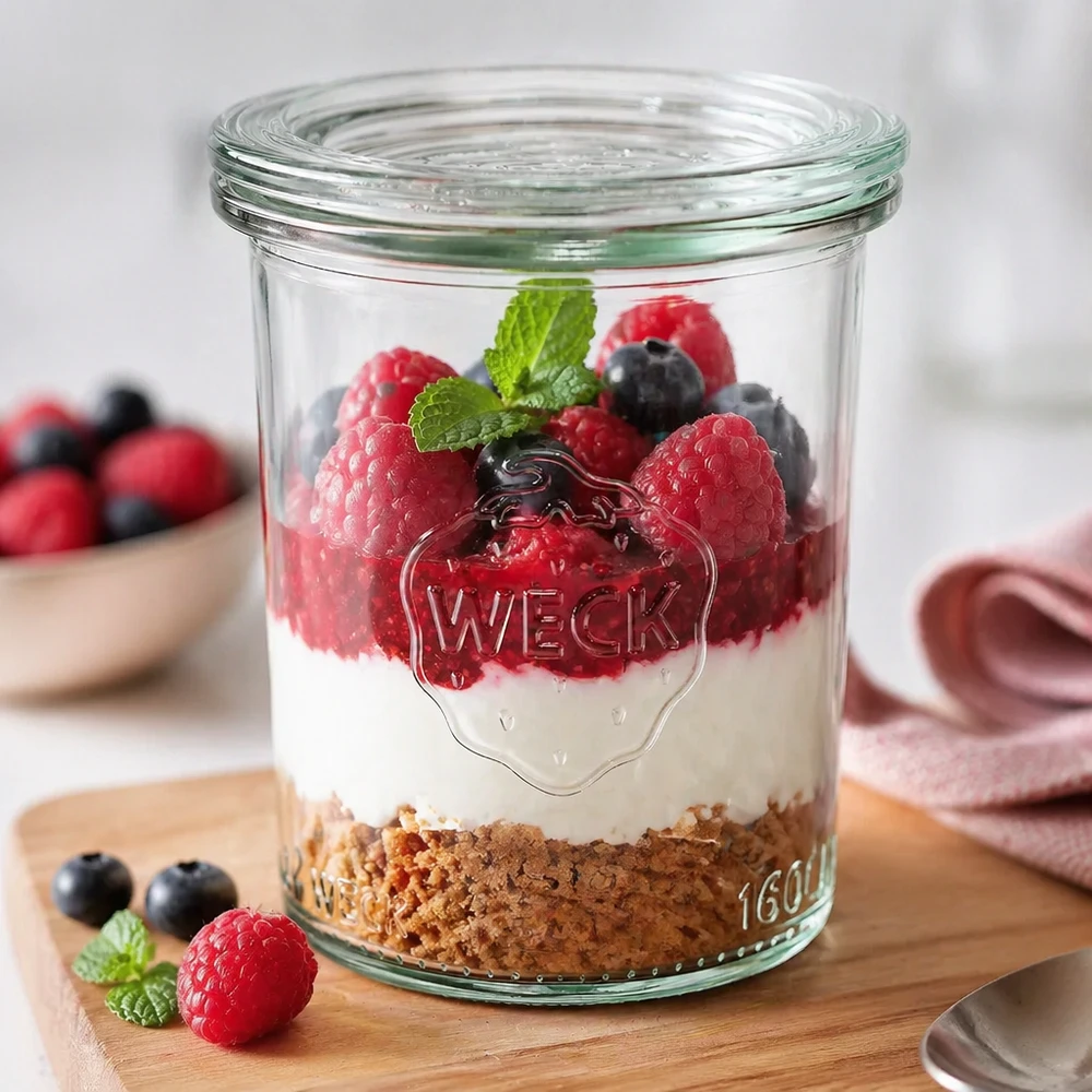 Frasco de vidro WECK de 160 ml cheio de sobremesa à base de biscoitos, creme e frutos silvestres como exemplo de aplicação