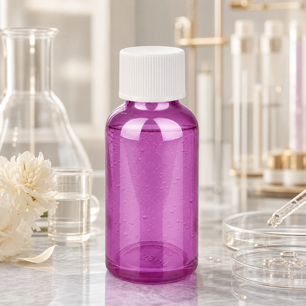 Pequeno frasco de laboratório de 30 ml em violeta transparente com tampa de rosca branca para amostras