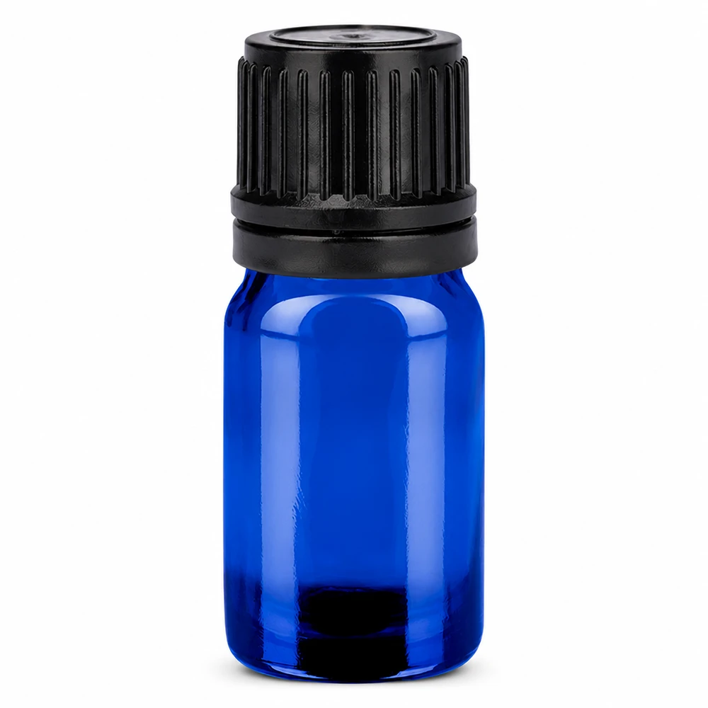 Frasco de 5 ml com tampa de rosca de 11 mm preta inviolável BlueLine UT18/5 Frasco de vidro de 5 ml azul com tampa de rosca preta para óleos essenciais e aromaterapia