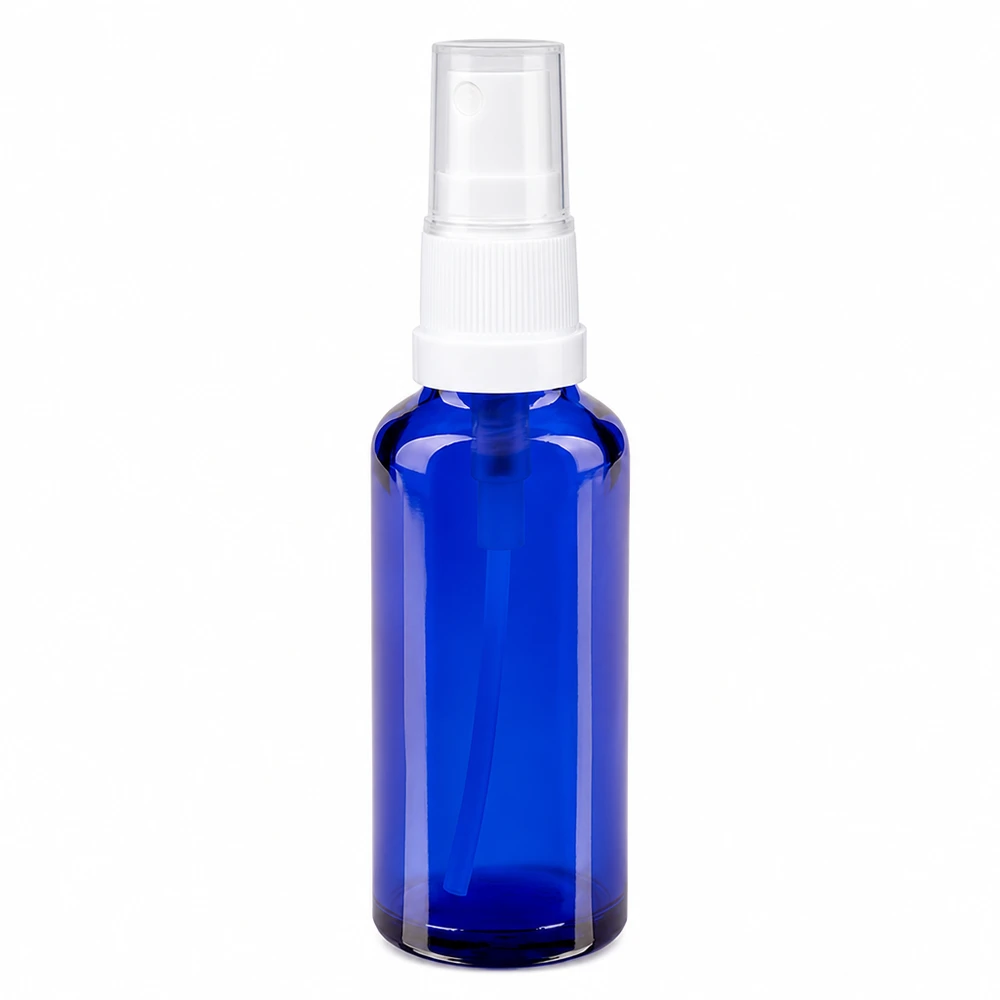Frasco pulverizador de 30 ml em vidro azul de farmácia, com bico pulverizador branco e tampa protetora transparente