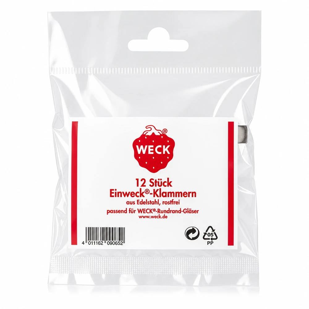 Pinças Original WECK (Pack(s) com 12 peças) WECK Klammern Verpackungsrückseite mit Produktdetails 12 Stück Edelstahl rostfrei für Rundrand Gläser Original