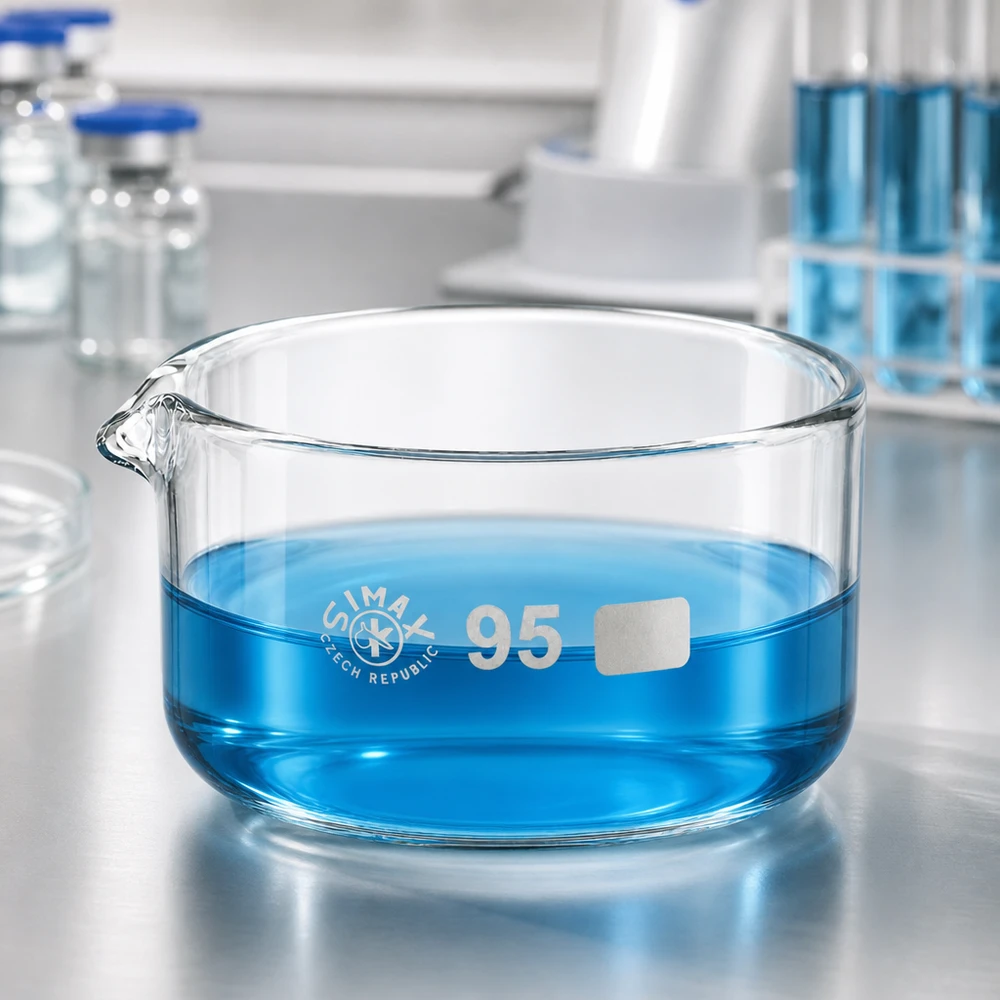 300ml Kristallisierschale mit Ausguss Borosilikat ø95mm Líquido azul numa taça de laboratório rasa de 300 ml, em vidro borossilicato, com bico de ø95 mm, SIMAX