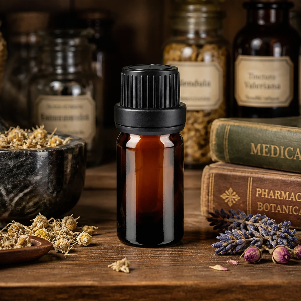 Frasco de farmácia castanho 5ml tampa de rosca preta com fecho inviolável Frasco de farmácia de 5 ml em vidro castanho com tampa de segurança preta de 11 mm, inspirado em livros históricos sobre ervas