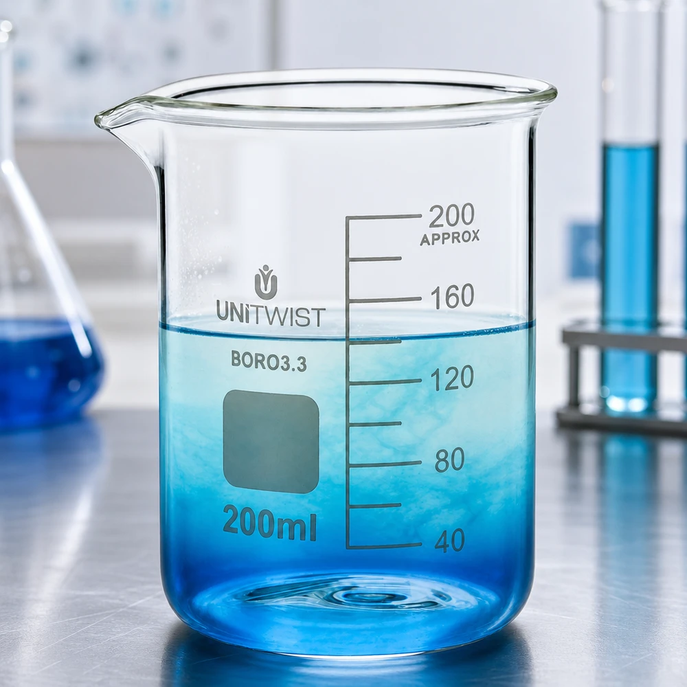 Béquer de laboratório transparente de 200 ml com graduação até 200 ml e bico vertedor em vidro borossilicato 3.3