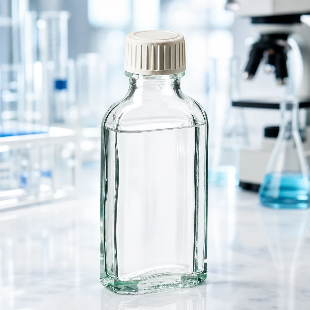 Tampa de rosca transparente Meplat de 50 ml com espuma PE embutida Frasco de vidro transparente Meplat de 50 ml com tampa de plástico branca, utilizado em laboratório