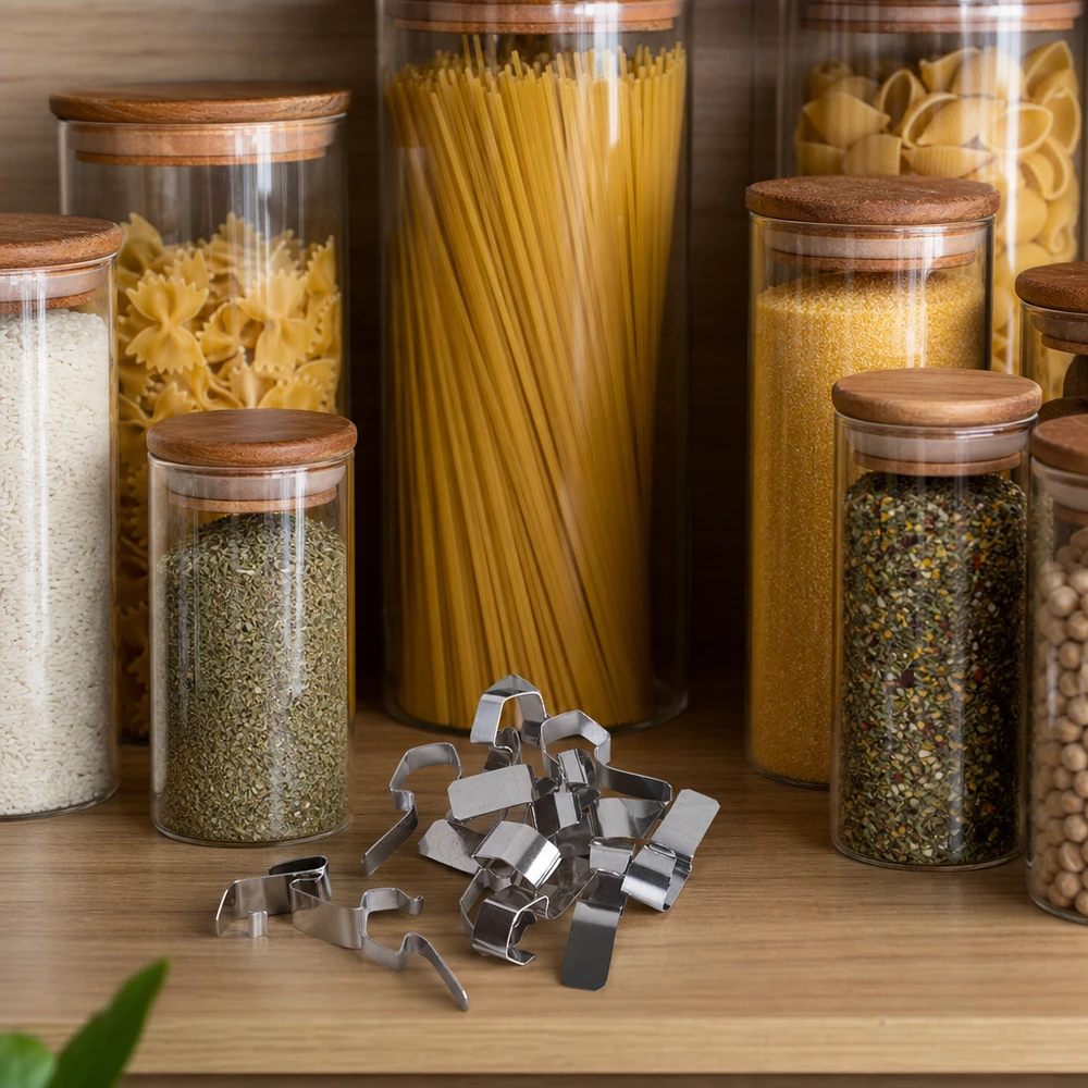 Pinça de conservação Pinças de conservação em aço inoxidável numa mesa de madeira ao lado de frascos de armazenamento com especiarias para massas e utensílios de cozinha
