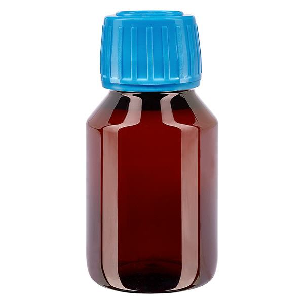Frasco PET 50ml com tampa azul inviolável Frasco PET 50ml com tampa azul inviolável