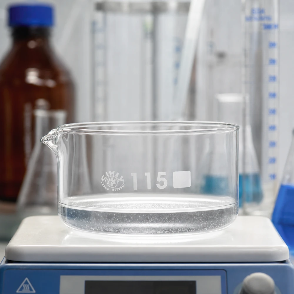 Taça de cristalização vazia SIMAX de 500 ml num agitador magnético de laboratório, em vidro borossilicato, ø 115 mm