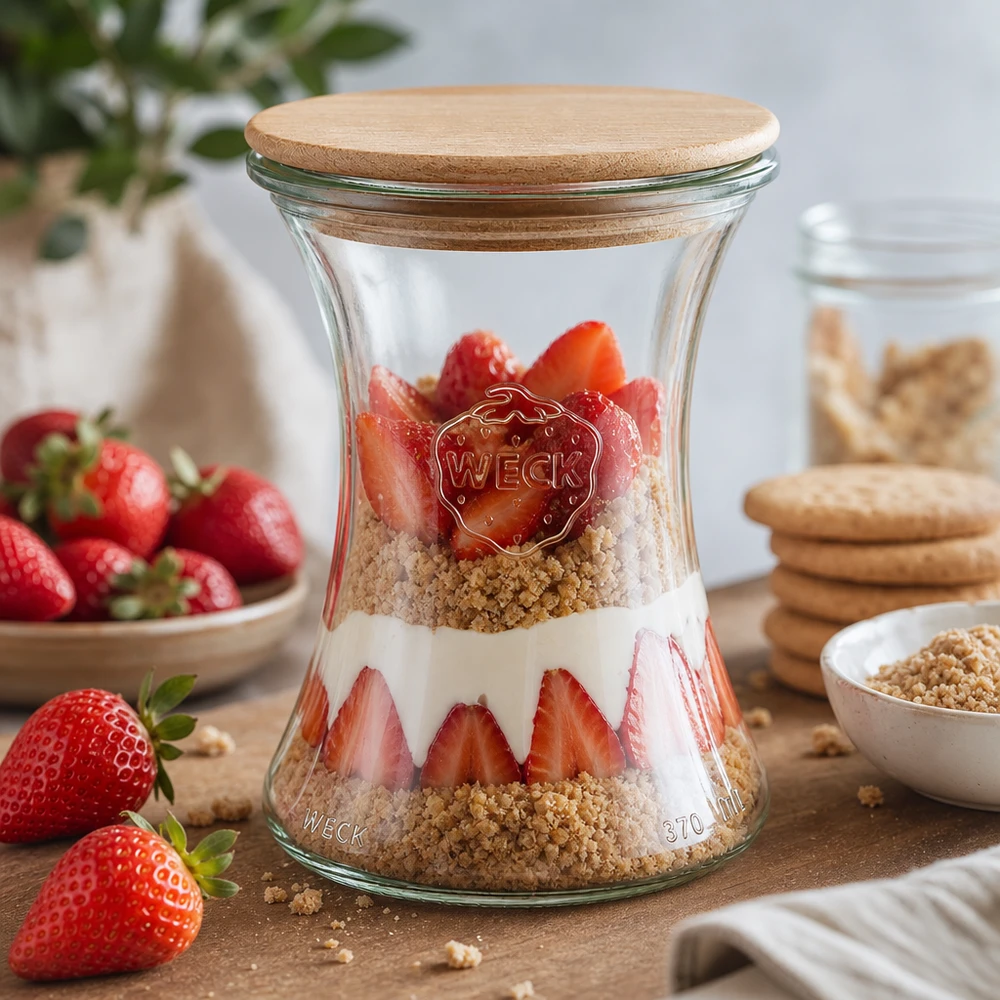 Frasco de charcutaria WECK de 370 ml RR80 com tampa de madeira recheado com morangos, granola e iogurte como sobremesa em camadas