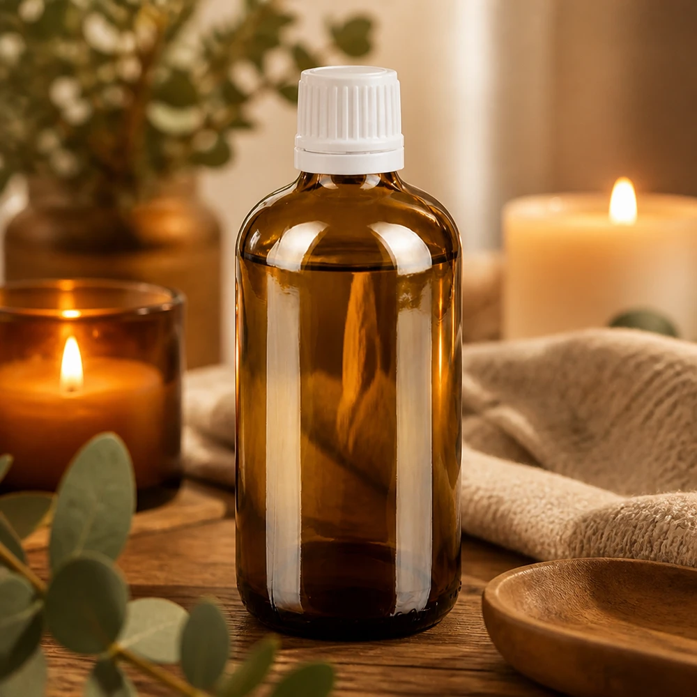 Frasco de farmácia castanho de 100 ml com tampa branca à prova de crianças, ao lado de velas acesas