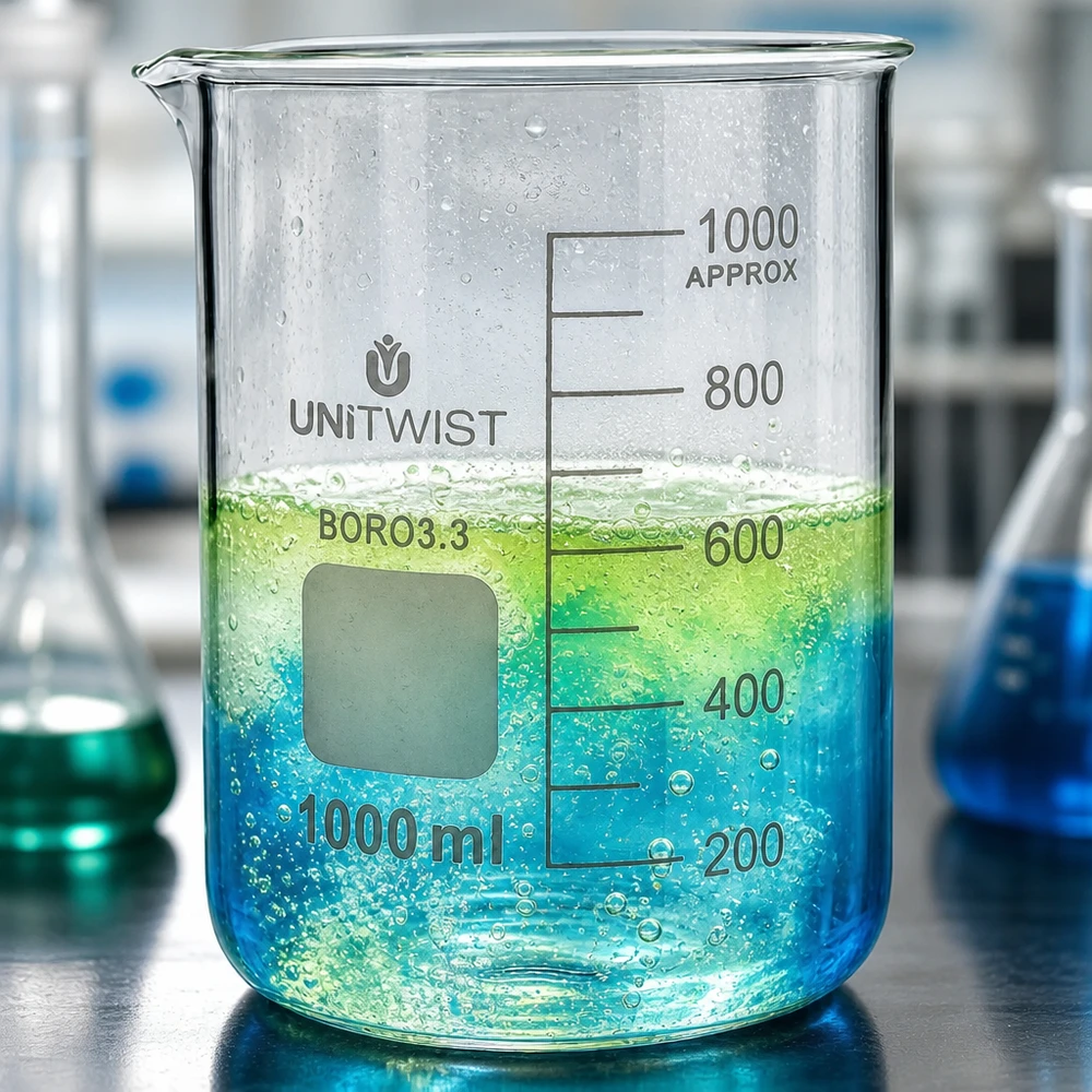 Copo 1000 ml de borossilicato, baixo teor de bolor UNiTWIST Copo de vidro UNiTWIST de 1000 ml em borossilicato com um líquido azul-esverdeado e formação de bolhas no laboratório