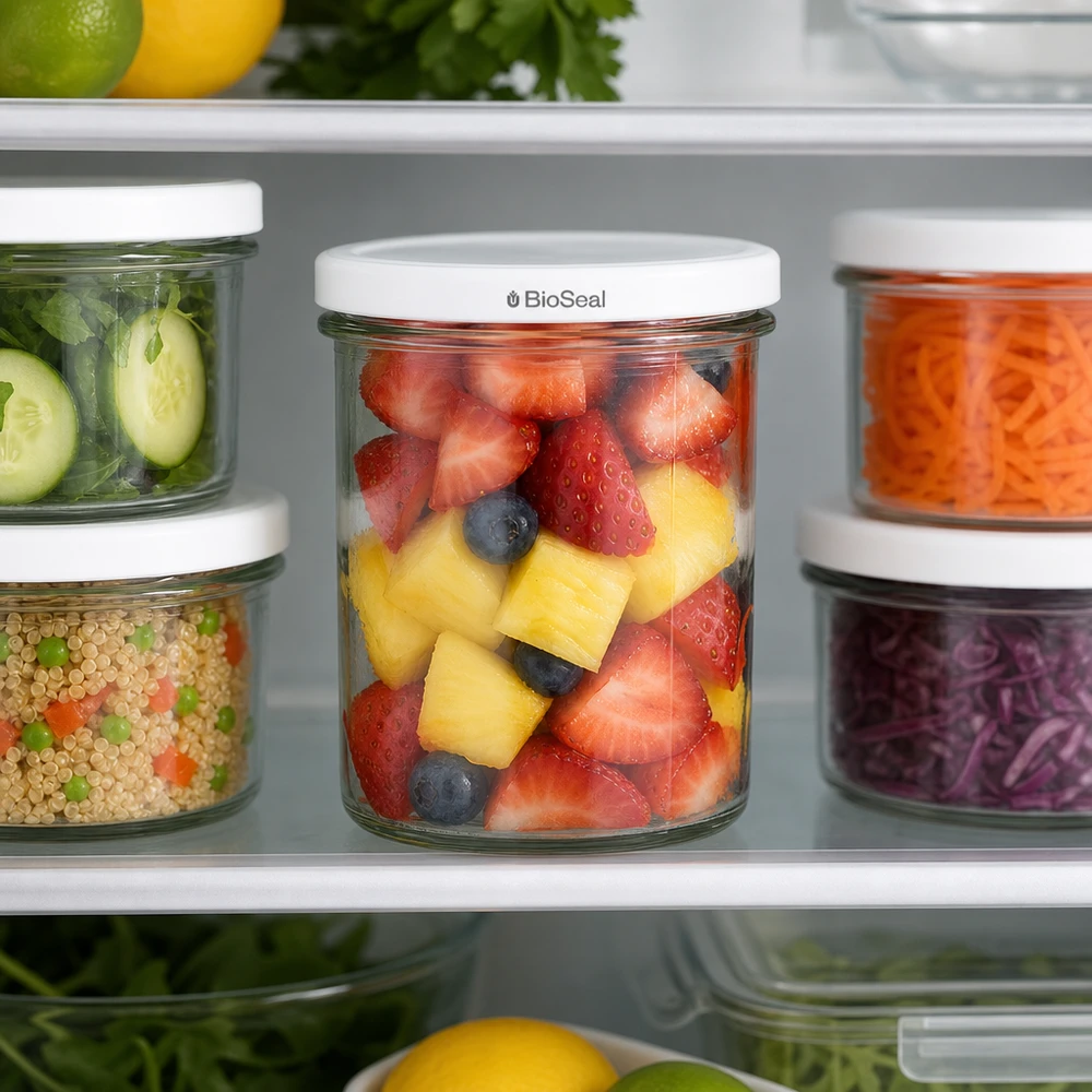 O UNiTWIST Sturz350 cheio de salada de fruta no frigorífico mostra uma frescura óptima graças à tampa TO82 BioSeal