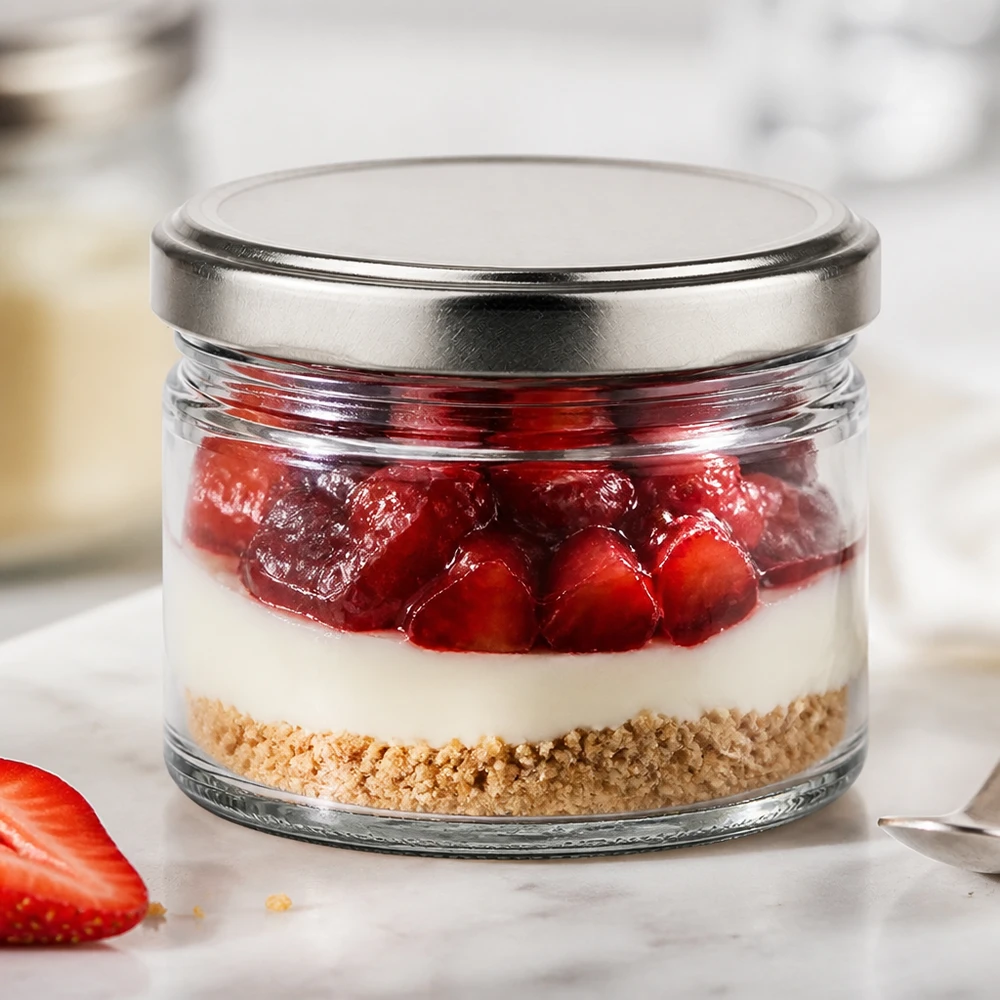 Copo redondo de 540 ml com tampa prateada como copo de sobremesa para cheesecake de morango num copo, sobremesa em camadas