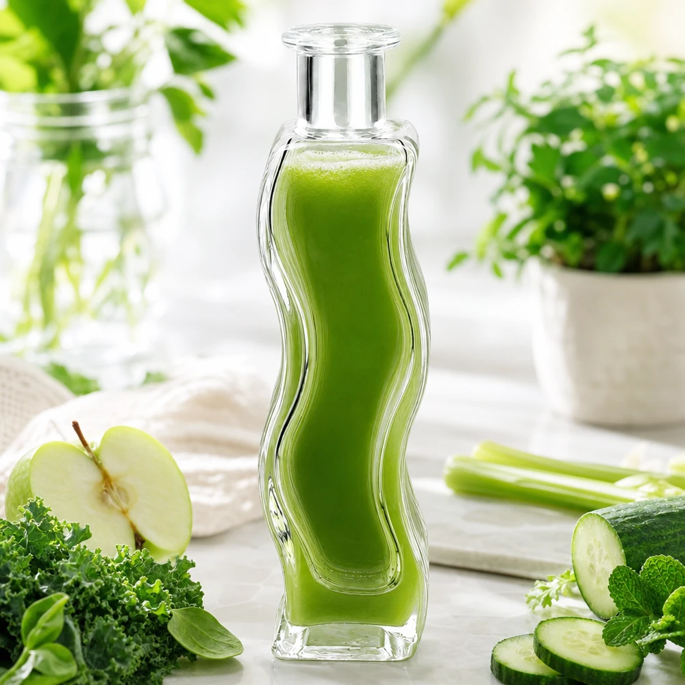 100ml Glasflasche "Melissa" ohne Verschluss UNiTWIST Garrafa de vidro de 100 ml de Melissa cheia de batido verde rodeada de legumes, maçã, pepino e ervas numa mesa de madeira branca