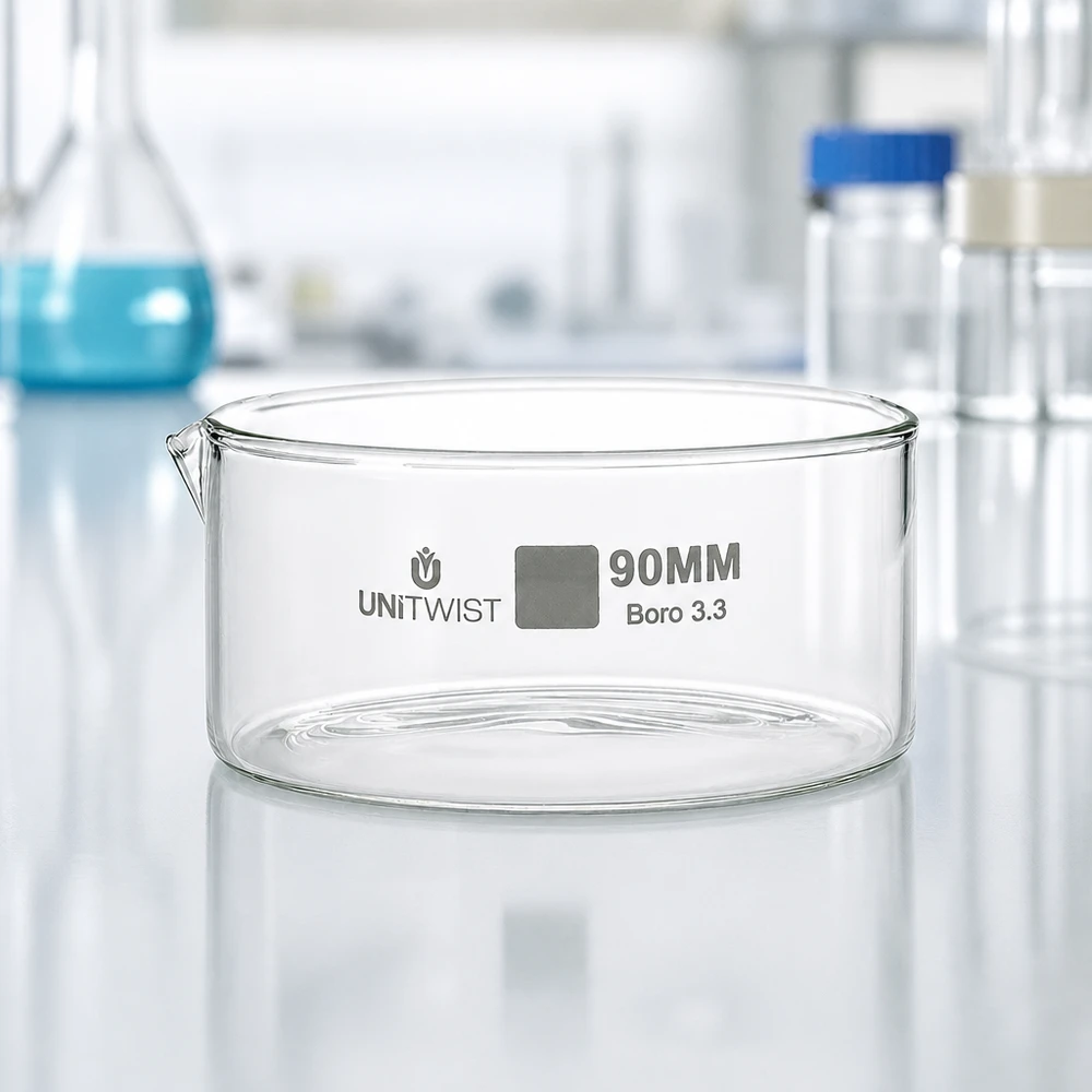 Prato de cristalização ø90mm em vidro borossilicato UNiTWIST Bandeja de cristalização vazia de 90 mm em vidro Boro 3.3 sobre uma superfície de laboratório branca UNiTWIST