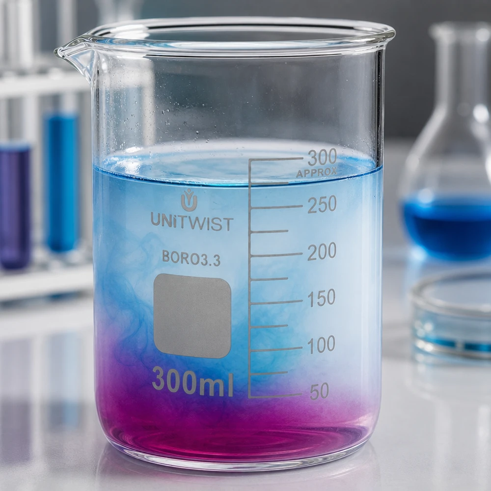 Copo de borossilicato de 300 ml, de formato baixo, com degradê de azul a violeta, no laboratório