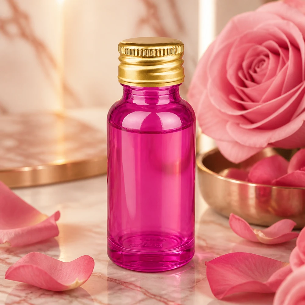Frasco pequeno de 20 ml em roxo com tampa de alumínio dourada, ideal para cosméticos e perfumes