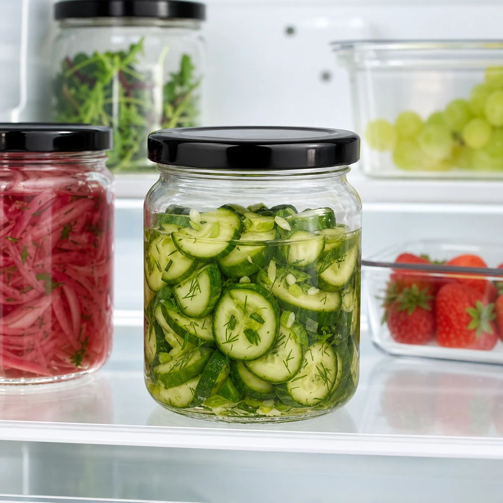 Frasco redondo de 53 ml com tampa BasicSeal preta UNiTWIST 53ml Rundglas mit schwarzem Deckel gefüllt mit eingelegten Gurken im Kühlschrank frische Konservierung Pickles