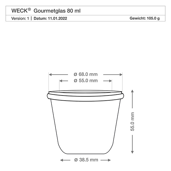 Frasco gourmet de 80ml WECK RR60 Desenho técnico Frasco gourmet WECK RR60 de 80ml com dimensões - diâmetro 68mm, altura 55mm, peso 105g