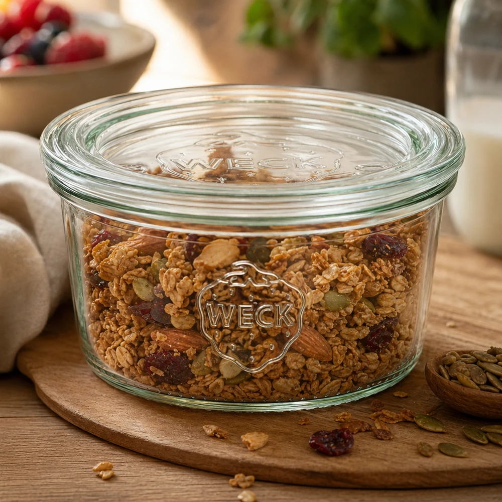Frasco de vidro WECK 165ml RR80 cheio de muesli e frutos secos numa tábua de madeira redonda para uma arrumação perfeita
