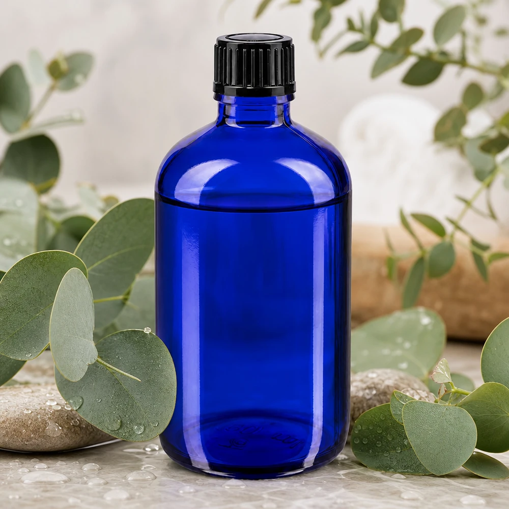 Frasco de vidro azul cobalto de 100 ml com conta-gotas preto, rodeado por ramos frescos de eucalipto