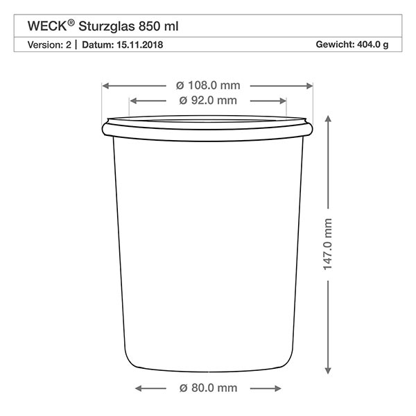 Frasco de vidro de 850 ml com tampa de vidro WECK RR100 Copos WECK 850ml RR100 desenho técnico dimensões dimensões 108mm diâmetro 147mm altura especificação do produto