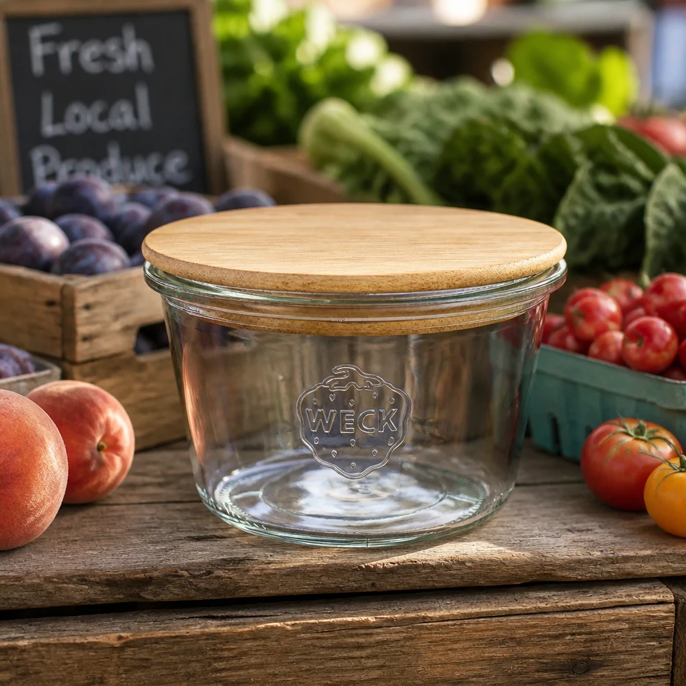 370ml Sturzglas WECK RR100 mit Holzdeckel Copos WECK RR100 de 370 ml com tampa de bambu numa mesa de madeira rodeada de frutas e legumes frescos do mercado