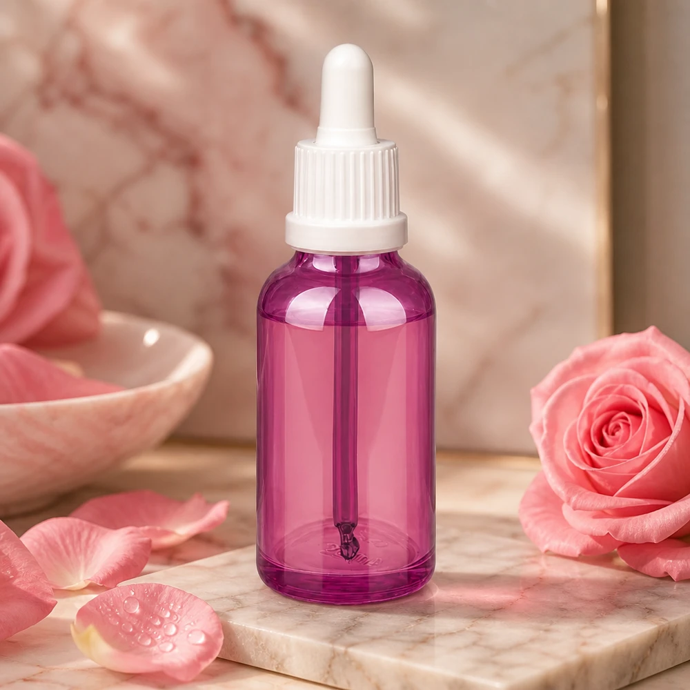 Frasco pipeta de 30 ml em elegante cor púrpura com prática tampa de conta-gotas para cosméticos