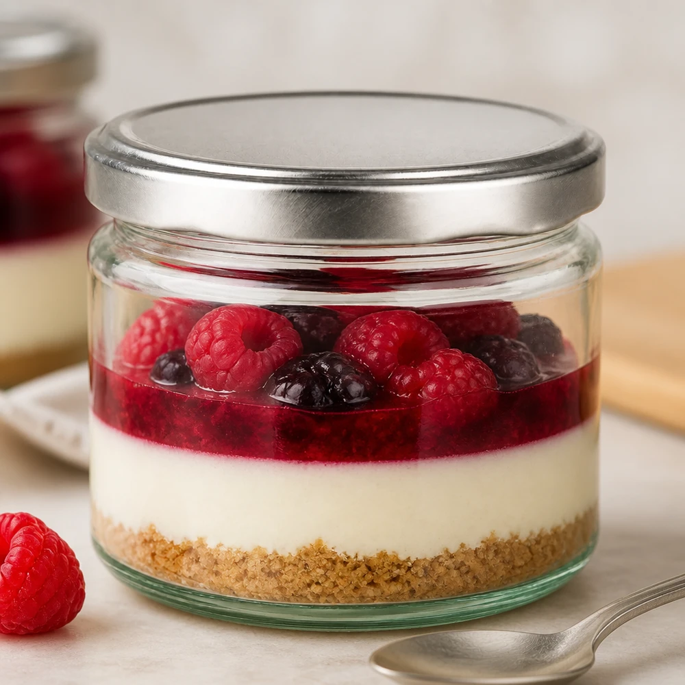 Frasco redondo de 330 ml com tampa BasicSeal prateada cheio de framboesas de sobremesa cheesecake de mirtilo num frasco