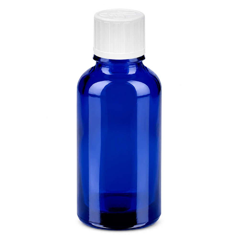 Frasco de vidro azul de 30 ml com tampa branca para óleos essenciais e cosméticos