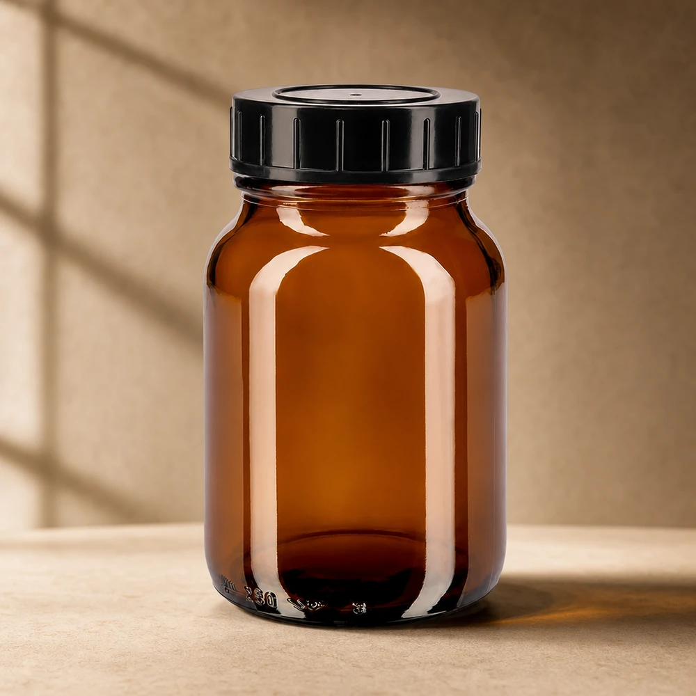 Frasco de vidro âmbar premium de gargalo largo de 250 ml com tampa de rosca à prova de crianças para o armário de medicamentos