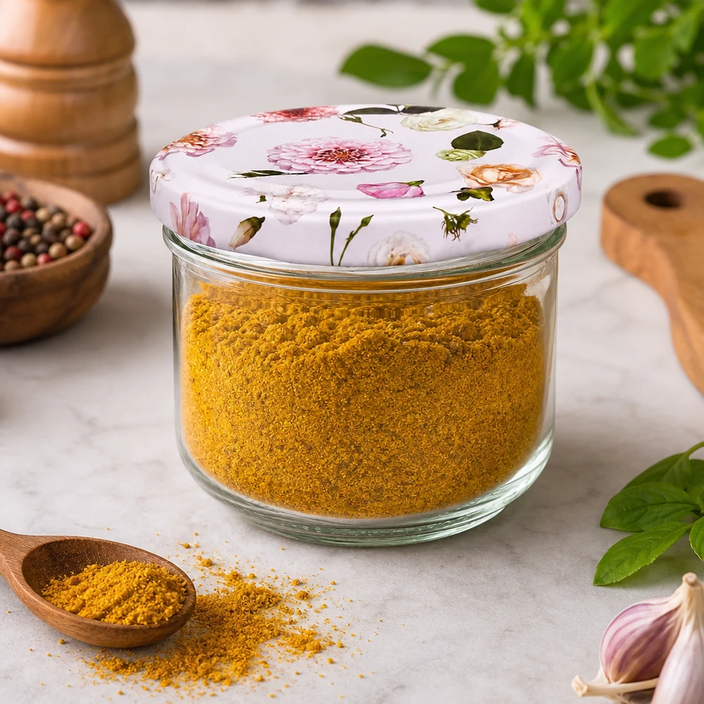 Copos BasicSeal 260ml com tampa floral cheios de especiarias de curcuma - armazenamento de especiarias num frasco decorativo